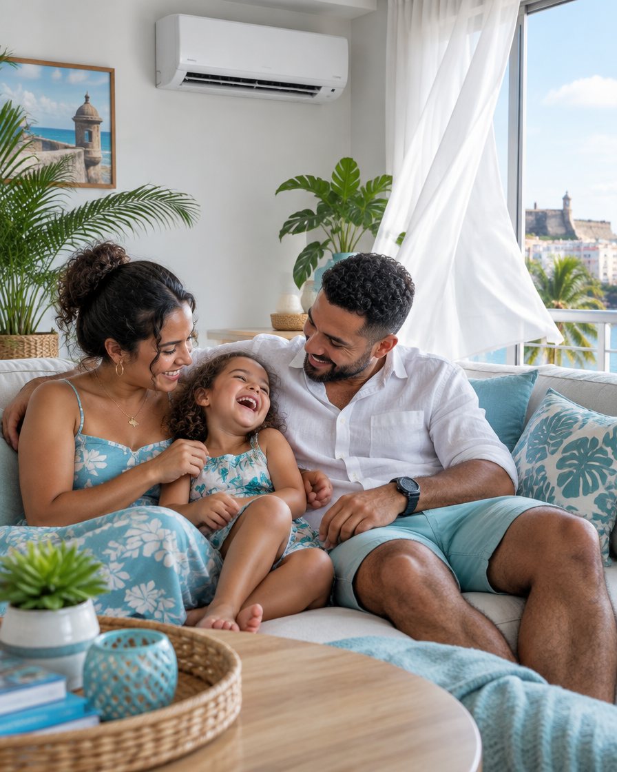 Familia riendo en una sala fresca con el aire acondicionado encendido